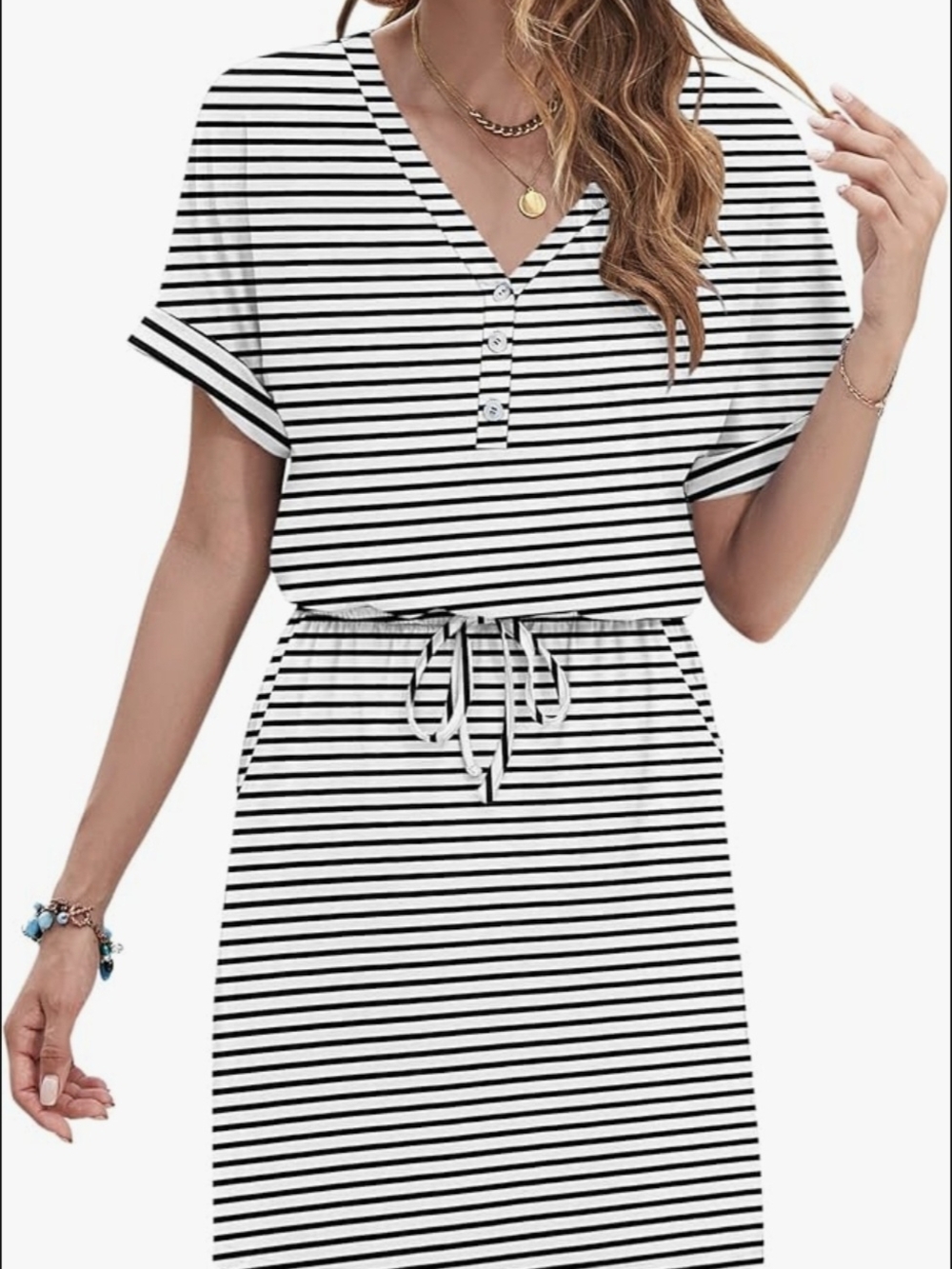 WNEEDU Womens Summer Dress 2026 Casual Folding Short Sleeve Sundress V Neck Tie